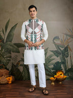 Vastranavya White Exclusive Festival Viscose Silk Thread & Swarovski Embroidered Work Mens Wear Kurta & Koti