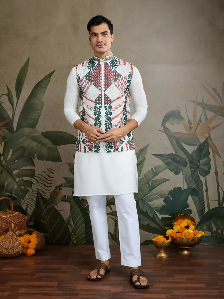 Vastranavya White Exclusive Festival Viscose Silk Thread & Swarovski Embroidered Work Mens Wear Kurta & Koti