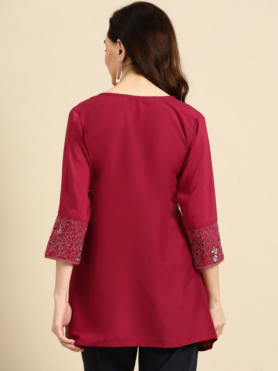 Women's Maroon Viscose blend Embroidered Short Top - Marina