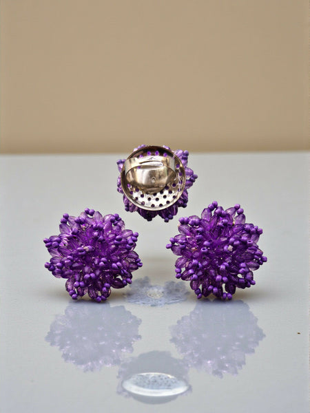 Inhanns Rangmani Crystal Duo – Adjustable Ring + Statement Earrings Set - Purple