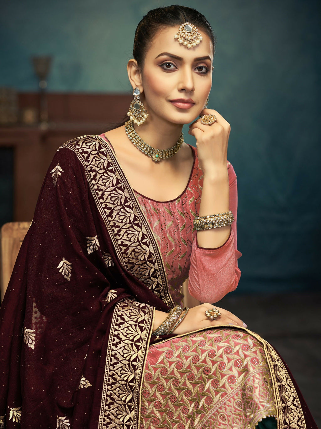 Anaita Peach Premium Embroidered with servos waki diamond Vichitra Silk Stitched Salwar Suit - Distacart