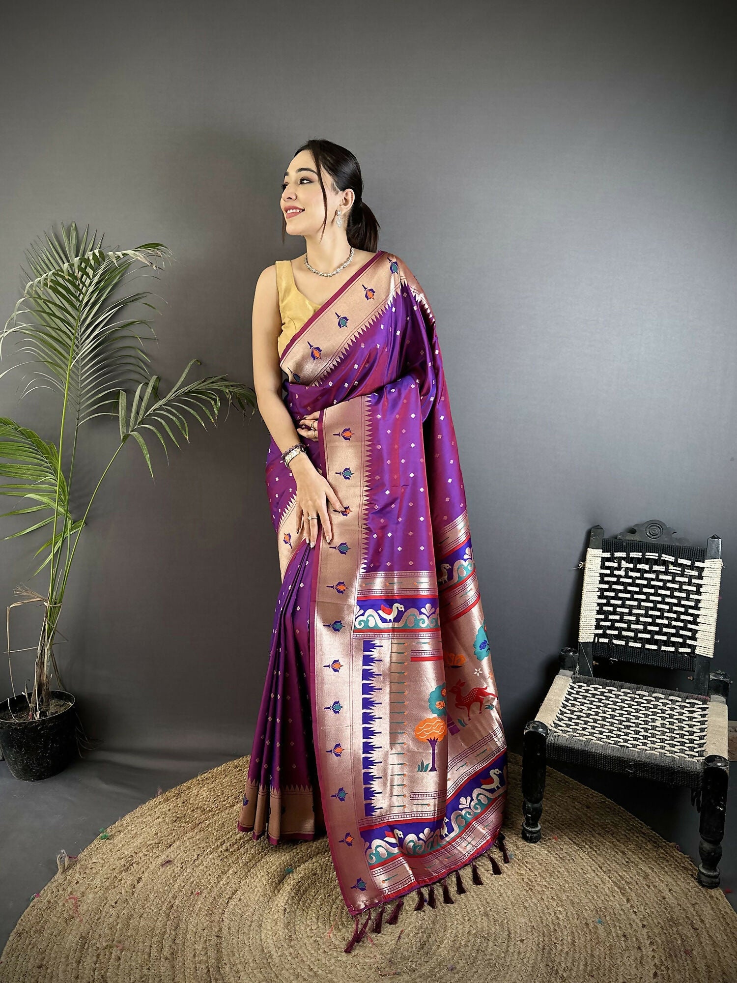 Joban Fashion Magenta Peacock & Floral Motifs Soft Lichi Silk Kanchipuram Saree - Distacart