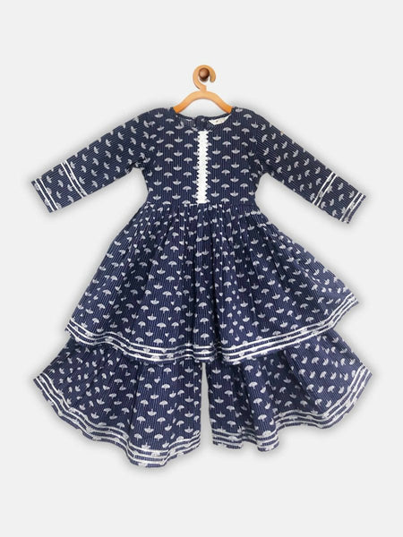 Ahalyaa Navy Pure Cotton Digital Printed Kids Kurta Sharara Set For Girls