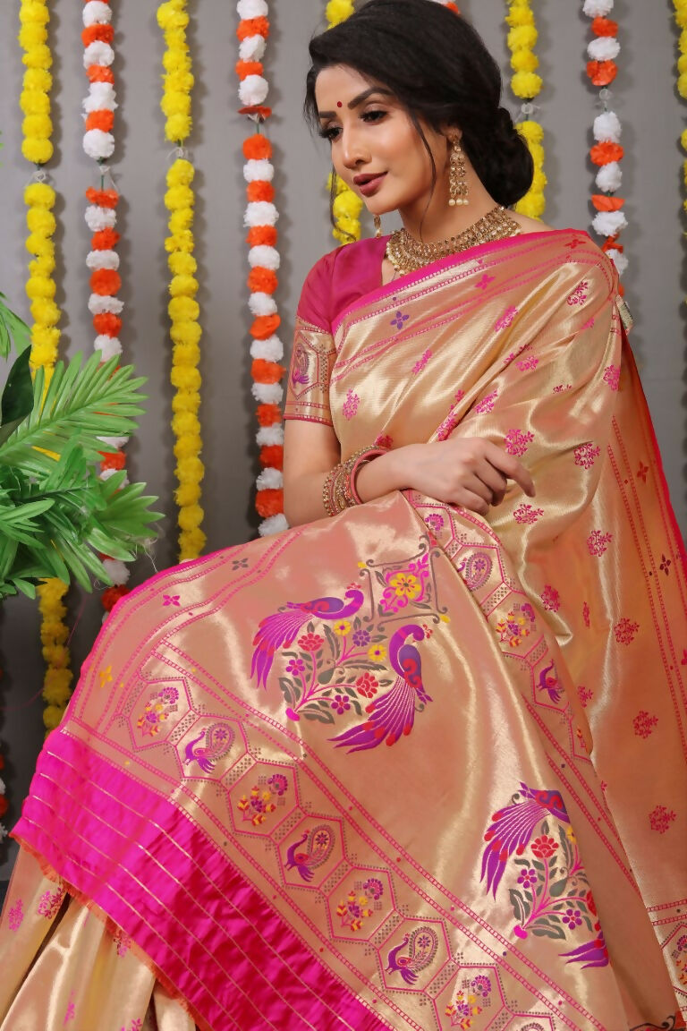 Jyoti Fashion Women's Rani Pink Paithani Silk Zari Woven Saree with Blouse