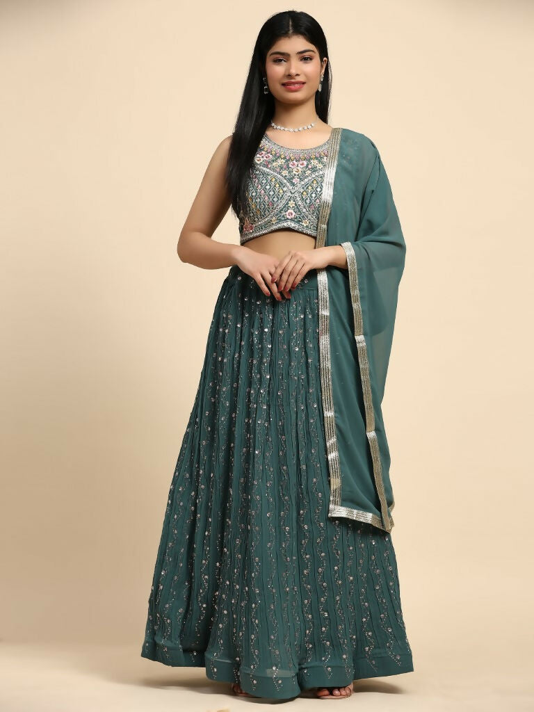 Green Georgette Embroidered Lehenga choli with Dupatta - Dhara