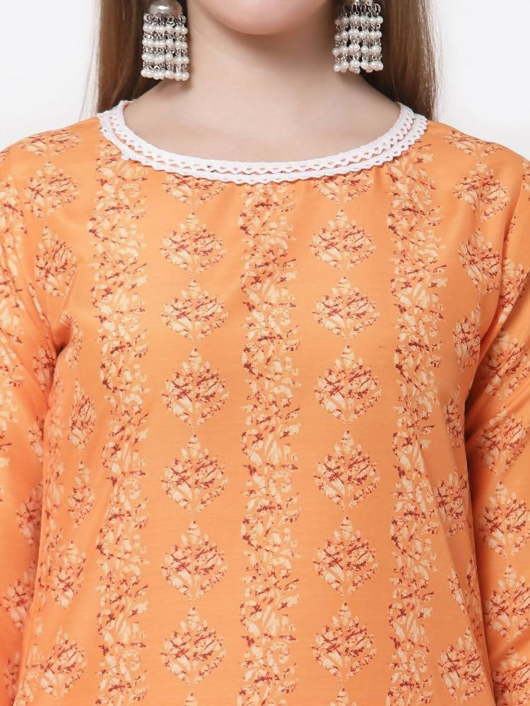 Myshka Mustard Color Cotton Printed Kurta With Pant Dupatta Set