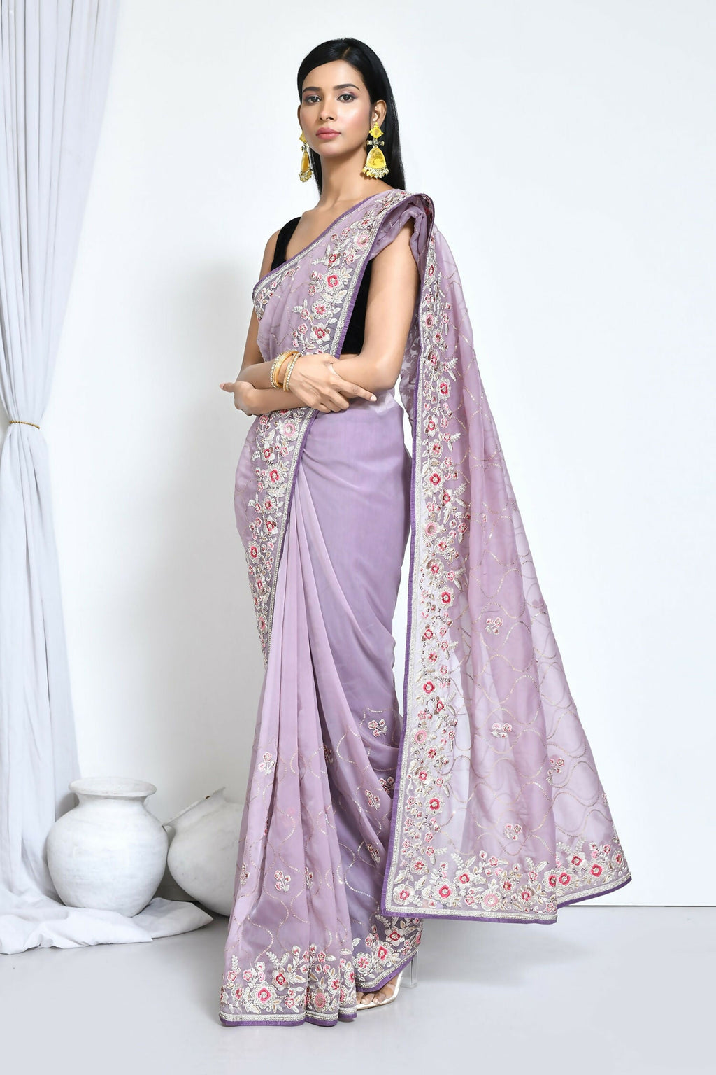 Purple Organza Satin Silk Sequence Embroidered with Stone work Saree - Nimaya Benzy