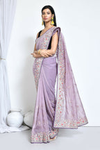 Purple Organza Satin Silk Sequence Embroidered with Stone work Saree - Nimaya Benzy