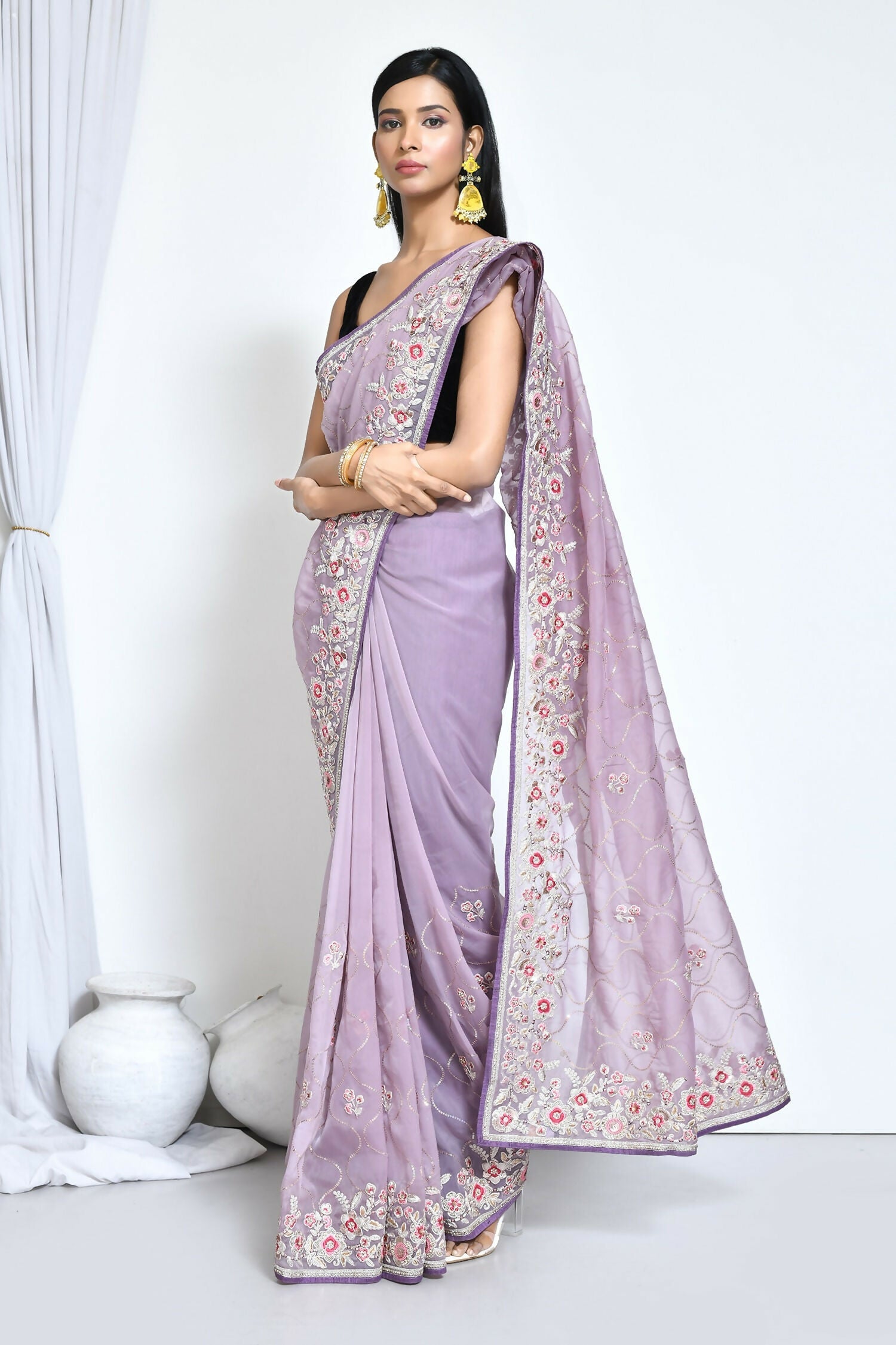 Purple Organza Satin Silk Sequence Embroidered with Stone work Saree - Nimaya Benzy