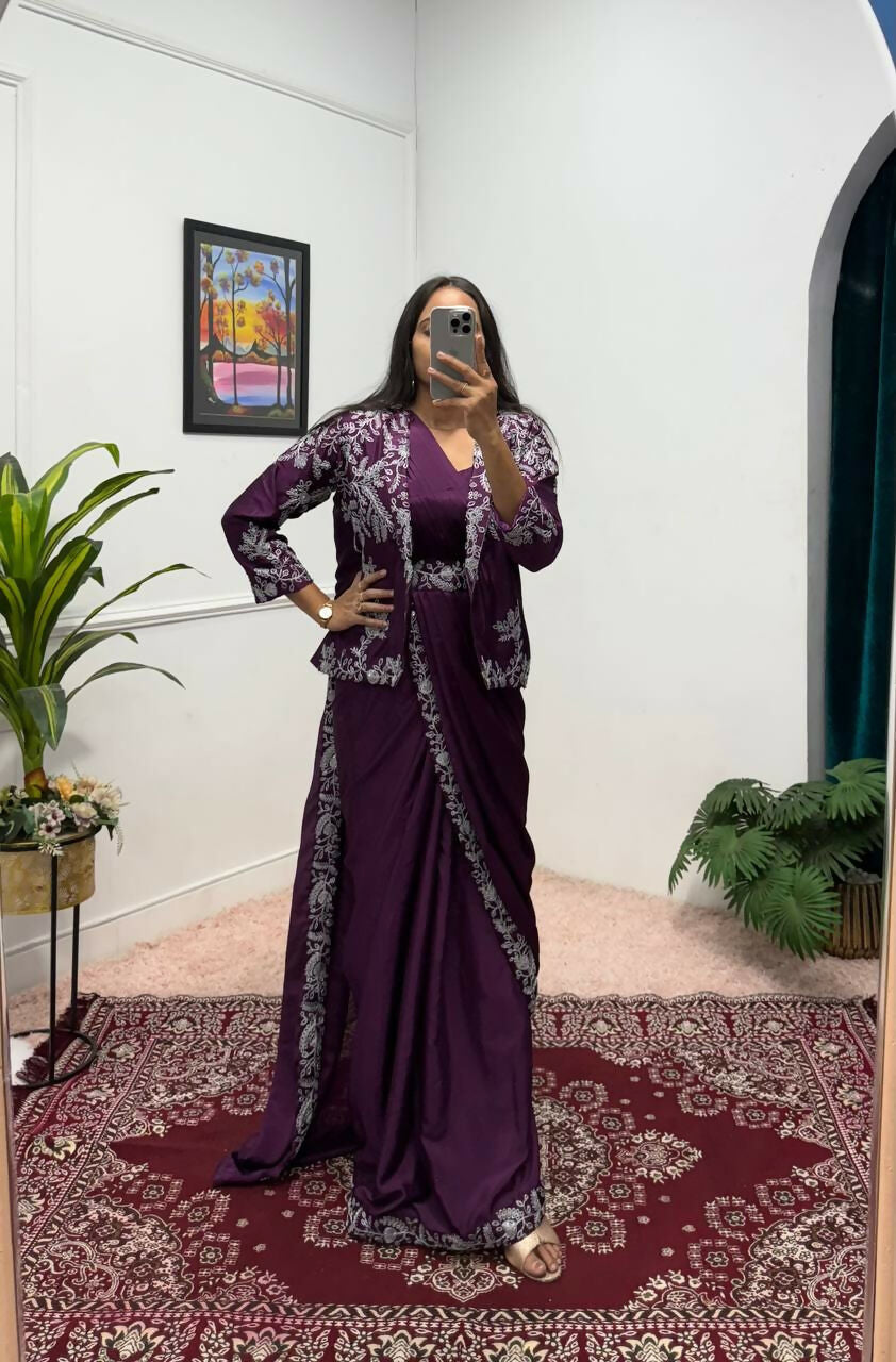 Teeya Creation Wine Color Chinon Silk Wedding Wear Ready To Wear Saree With Koti - Distacart