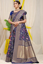 Jyoti Fashion Women's Navy Blue Kanjivaram Silk Zari Woven Saree with Blouse - Distacart