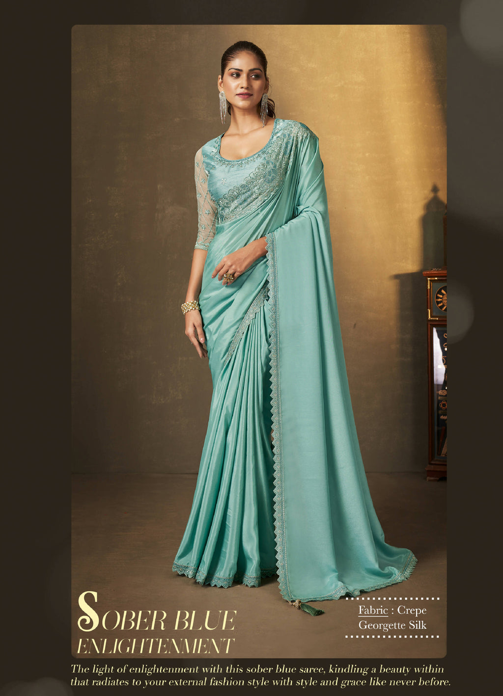 Light Blue Crepe Georgette Silk Embroidered with Swaroski Work Saree With Unstitched Blouse Piece - Norita Royal Erisha