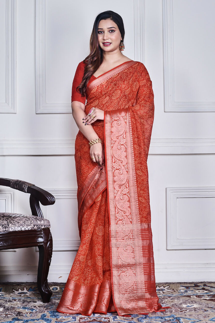 Morchari Red Script Printed Orzanga Saree Unstitched Blouse - Distacart