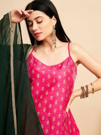 Magenta Pink and Green Polyester Printed Kurta with Trousers & Dupatta - Vishwa