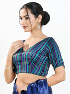 Joban Fashion Blue Multi Brocade Padded Blouse With V Neck Elbow Sleeves - Distacart