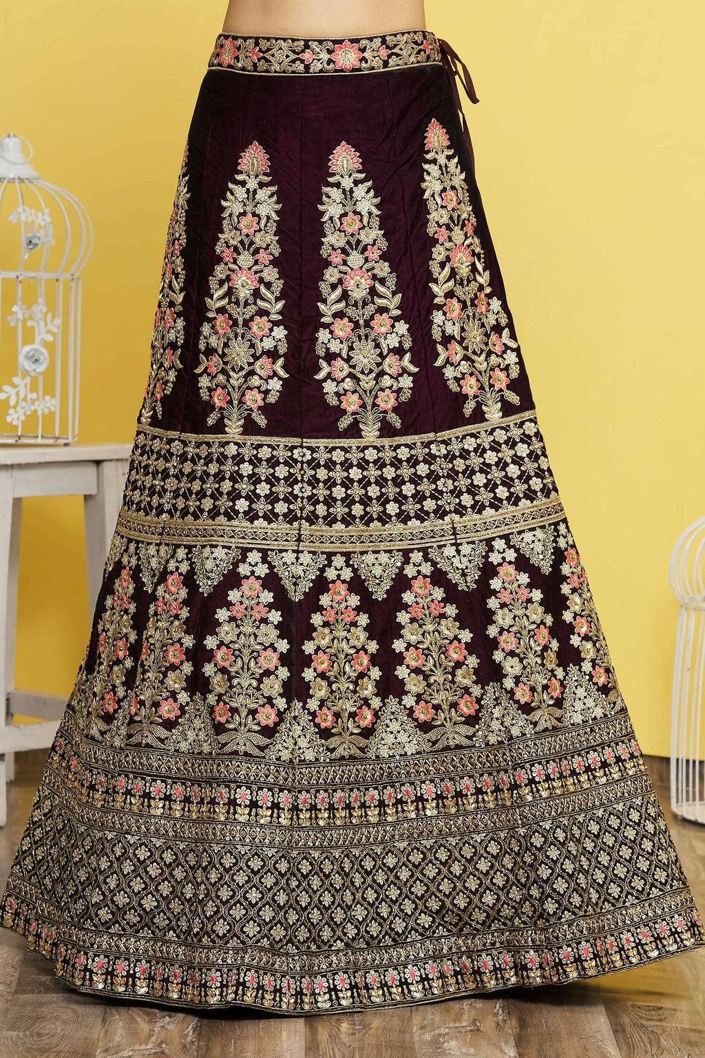 Wine Velvet Semi-Stitched Wedding Bridal Lehenga - Nimaya