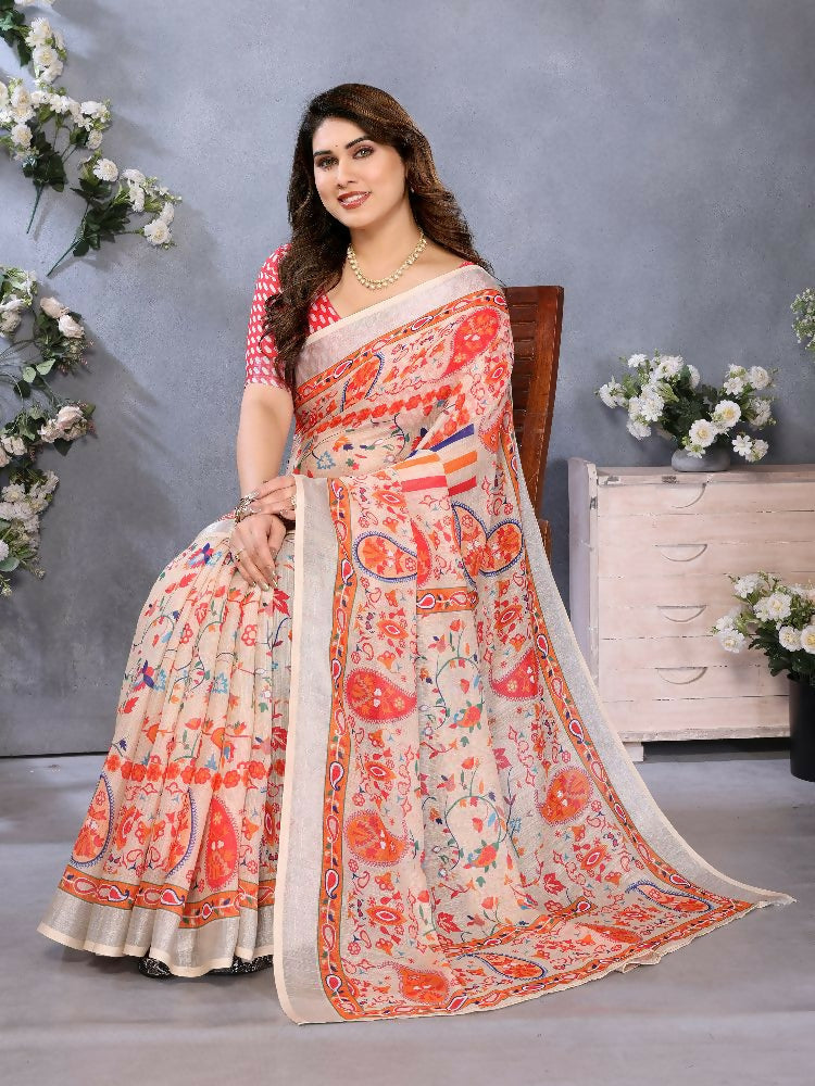 PR Fashion Orange Handloom Linen Cotton Saree