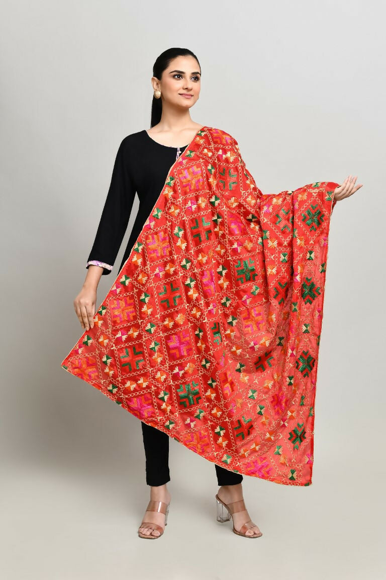 Joban Fashion Multi Color Cotton Embroidery Work Phulkari Dupatta