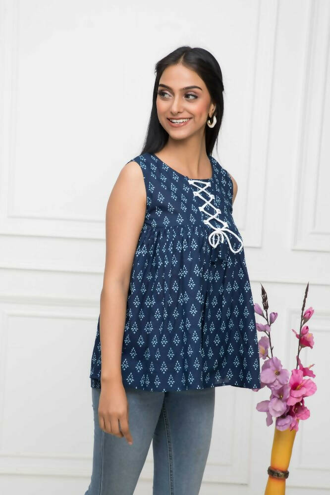 Myshka Women Blue Solid Round Neck Regular Sleeves Pure Cotton Top - Distacart