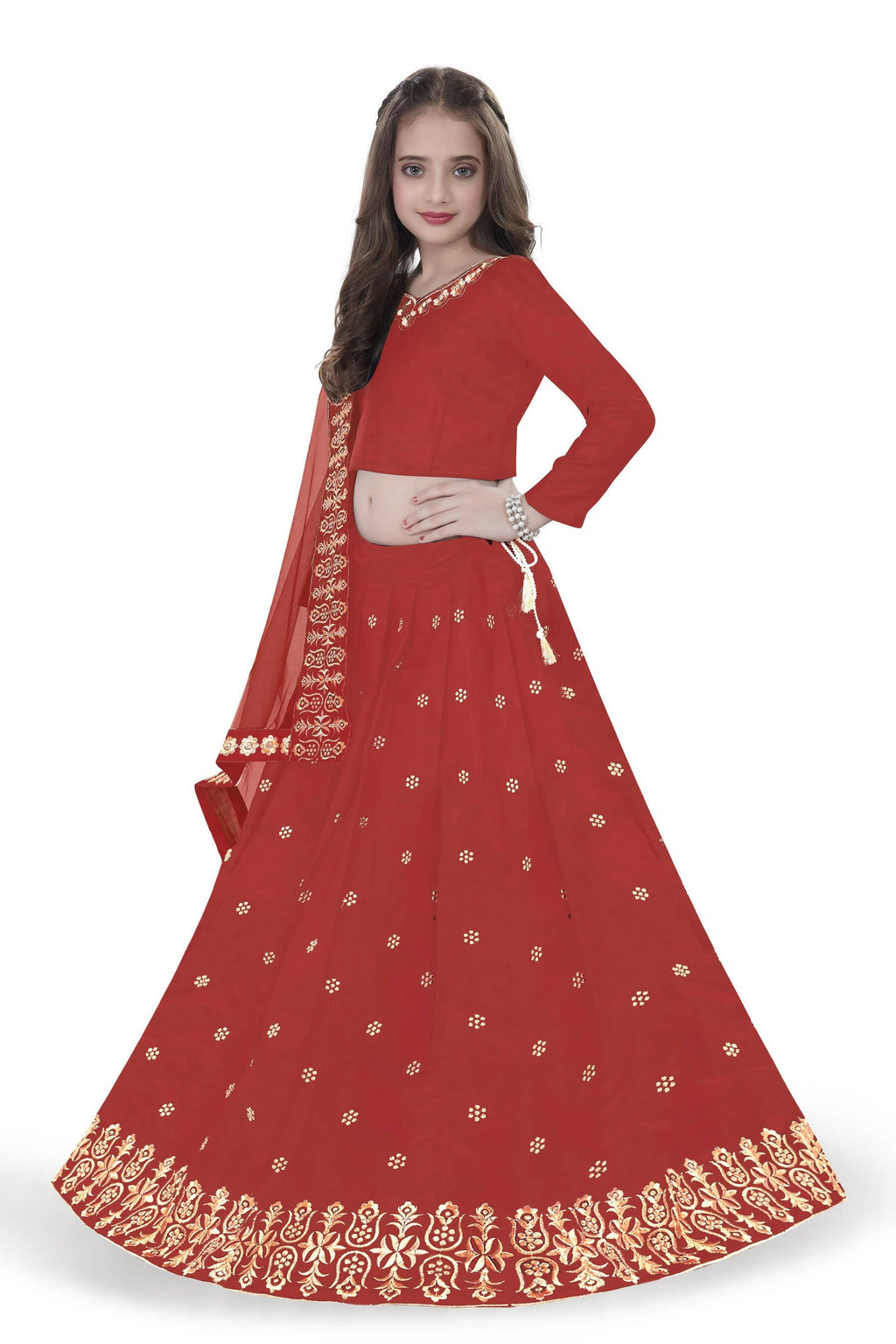 Dwiden Red Queen Tafetta Sattin Semi-Stitched Girl's Lehenga Choli