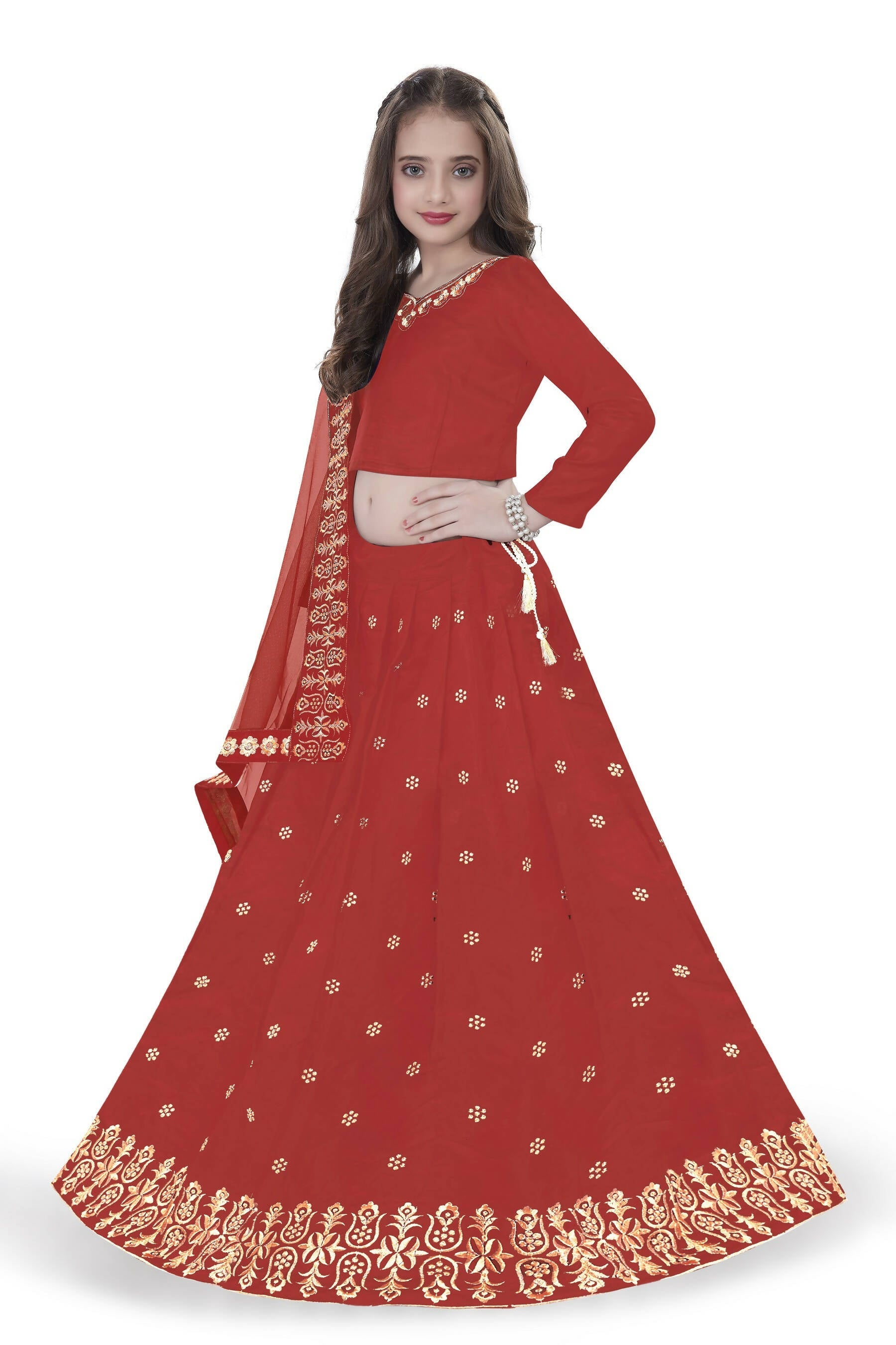 Dwiden Red Queen Tafetta Sattin Semi-Stitched Girl's Lehenga Choli