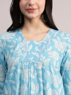 Aavyora Women's Sky Blue Floral Printed A-Line Kurta with Pintucks, Striped Pants & Dupatta Set