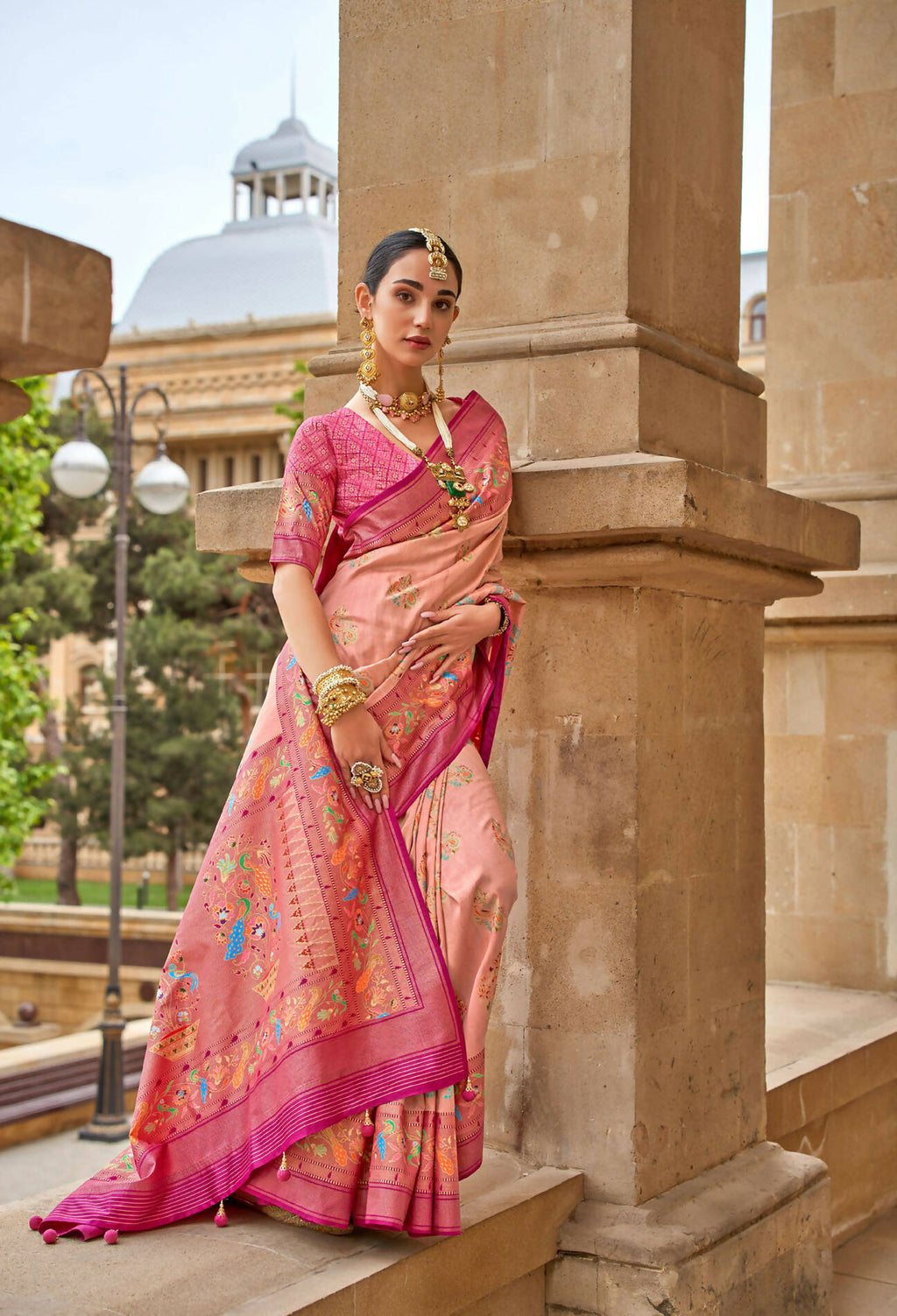 Bittersweet Peach Superior V.P.Silk Woven Printed Patola Silk Saree - Rewaa Milano