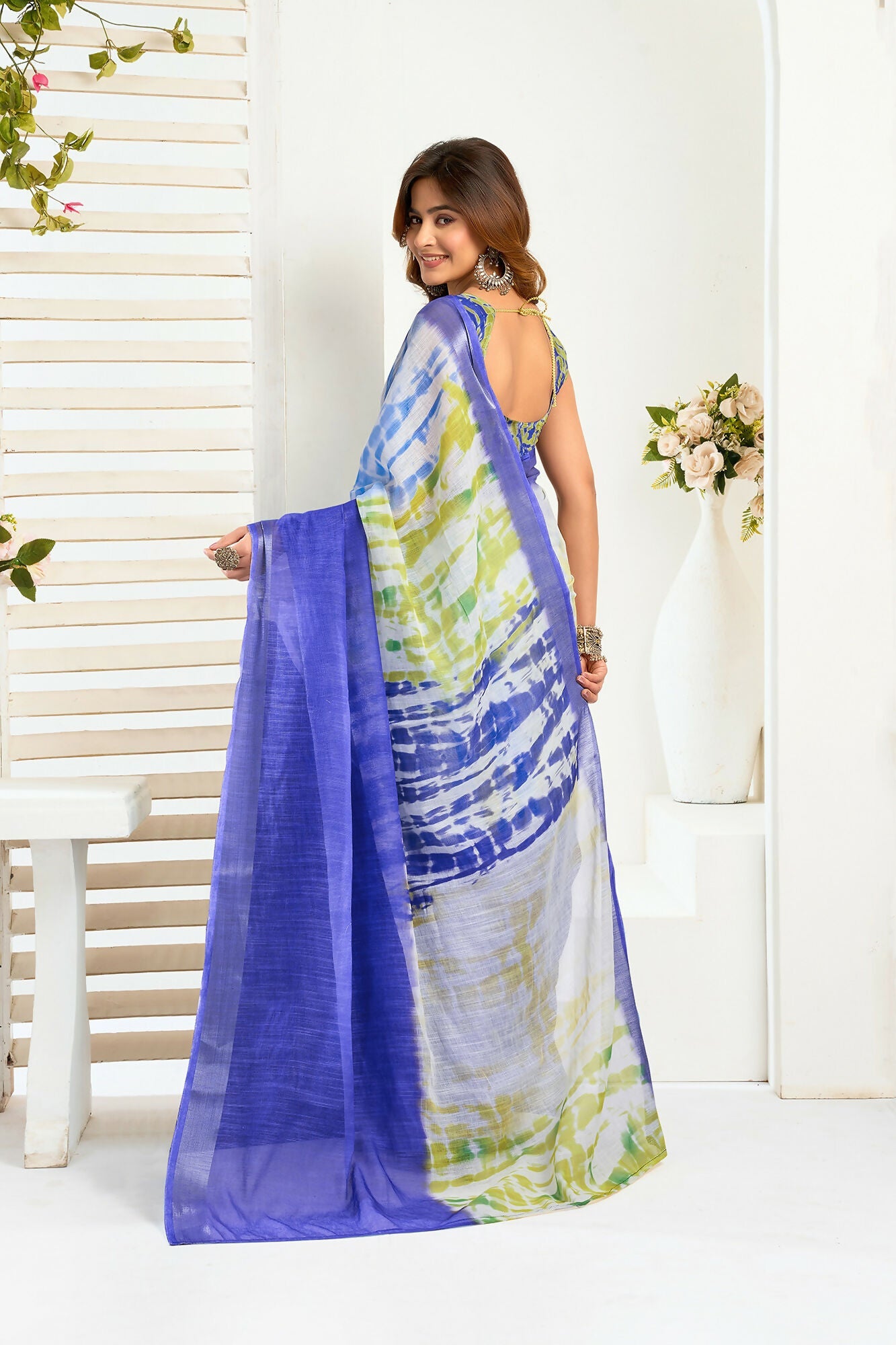 Vastranavya Blue Digital Printed Linen Ready To Wear Designer Saree with Unstitched Blouse - Distacart