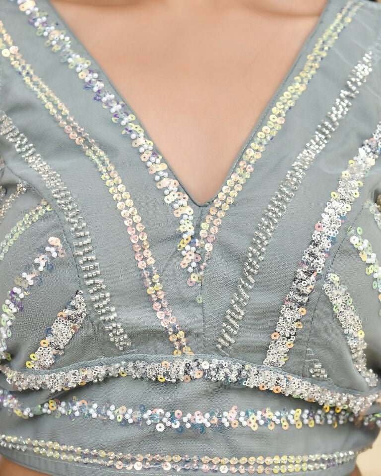 Amodini Designer Studio Teal Sequined Pearl Cutdana Sleeveless Padded Blouse