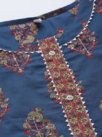 Yufta Women Blue and Red Ethnic Motifs Pure Cotton Kurta with Trouser and Dupatta