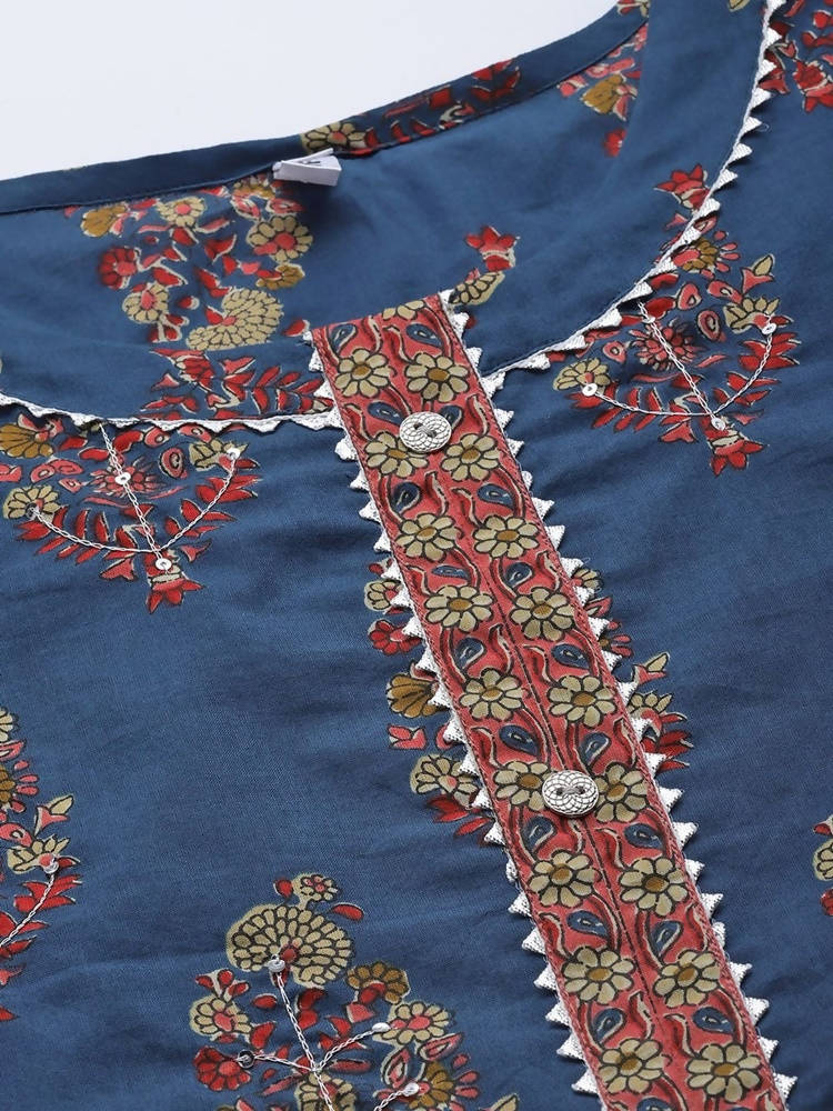 Yufta Women Blue and Red Ethnic Motifs Pure Cotton Kurta with Trouser and Dupatta