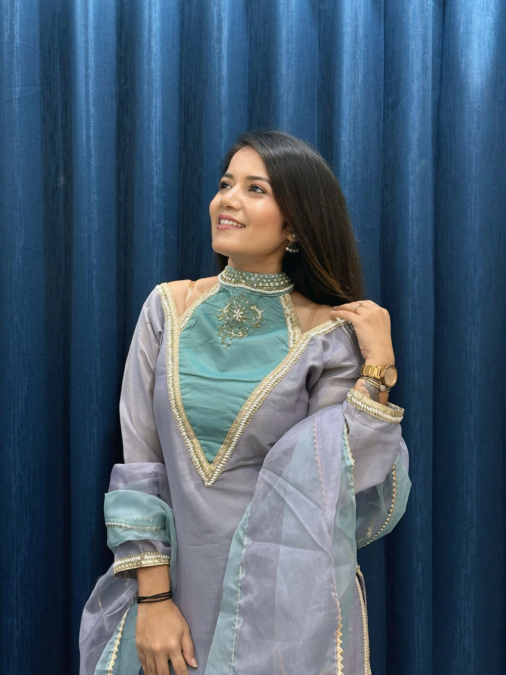 Anaita Blue Roman Shimmer Readymade Kurti Set with Designer Handwork - Distacart