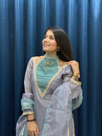 Anaita Blue Roman Shimmer Readymade Kurti Set with Designer Handwork - Distacart