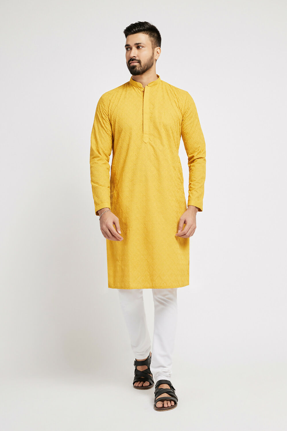 Ethnic India Yellow Men's Kurta Ethnic Motifs Cotton