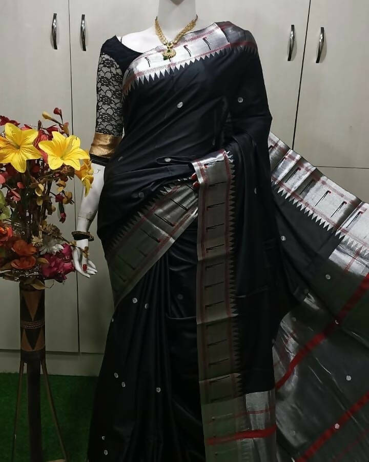 DEIANA'S Beautiful Designer Golden zari Soft Lichi Silk Saree - Black