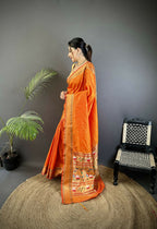 Joban Fashion Orange Butti Woven Soft Lichi Silk Paithani Saree - Distacart