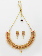 NVR Women Gold-Polished Pink Stone Studded Handcrafted Temple Jewellery Set