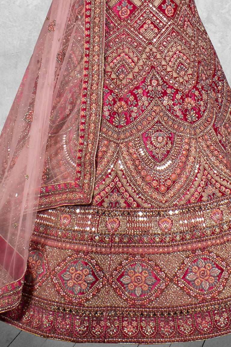 Red Velvet Pure Mirror Work Semi Stitched Lehenga Choli with Dupatta - Nimaya Lagnotsav