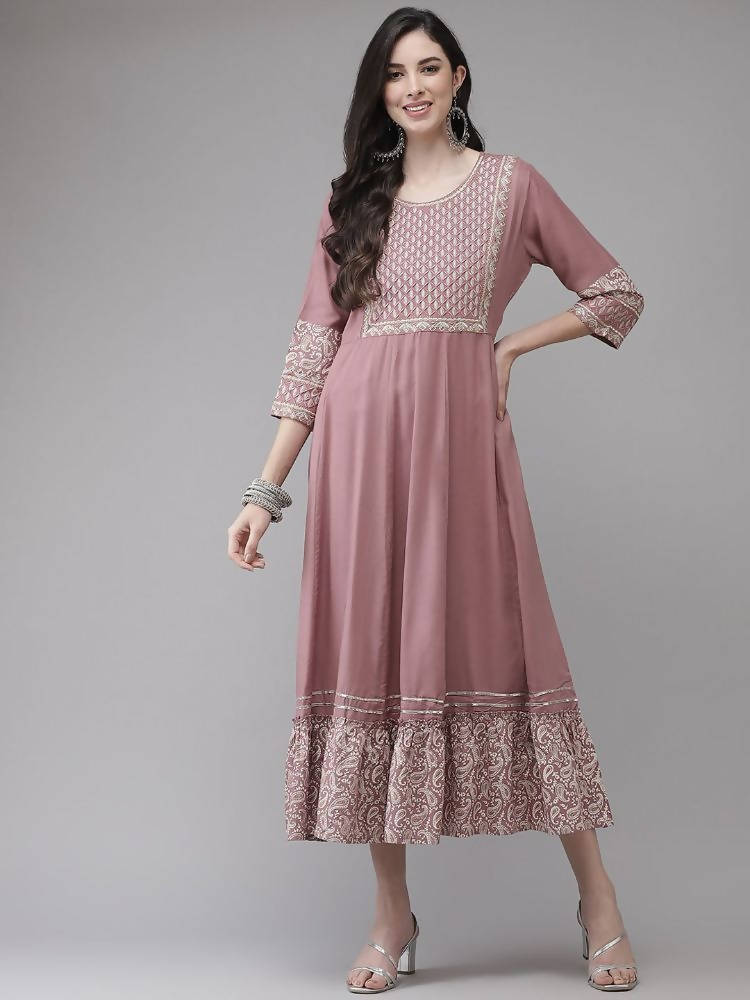 Yufta Pink Embroidered Ethnic Midi Dress