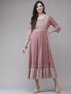 Yufta Pink Embroidered Ethnic Midi Dress