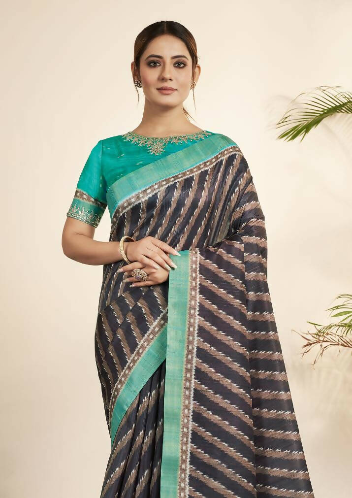 Navy Blue Bhagalpuri Silk Stripe printed with Stone Work & Hand Work Saree - Norita Nirvi - Distacart