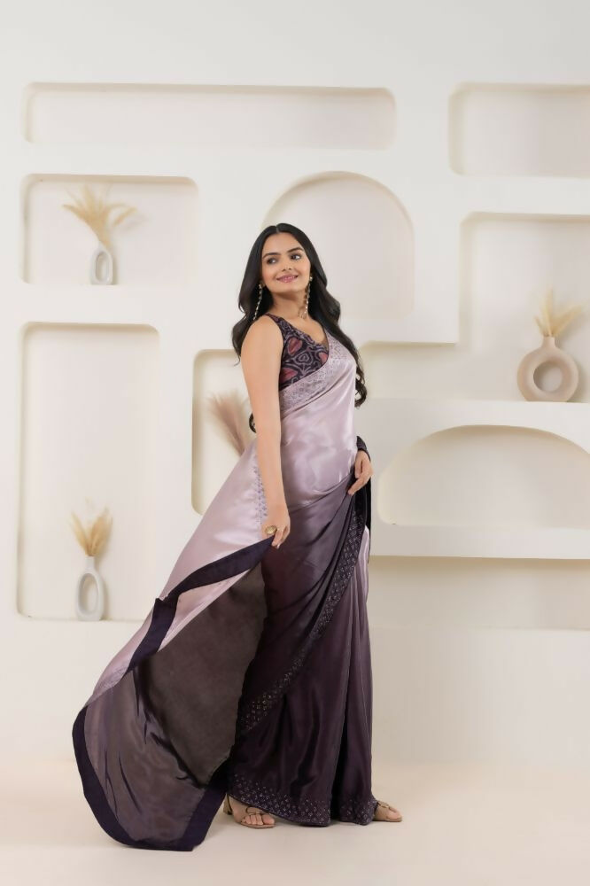 Wine Satin Pedding Designer, Printed Party Wear Ready To Wear Saree - Femina