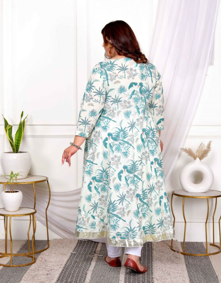 Miravan Women's Plus Size Light Green Cotton Birds And Leaf Floral Printed And Lace Border Details Anarkali Kurta And Dupatta Set