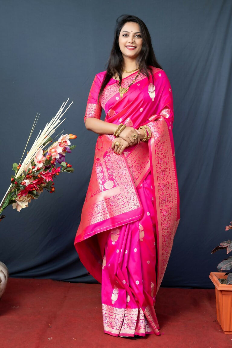 Jyoti Fashion Women's Pink Paithani Silk Zari Woven Saree with Blouse - Distacart