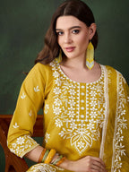 Sangria Mustard Yellow Floral Embroidered Thread Work Kurta & Trouser With Dupatta