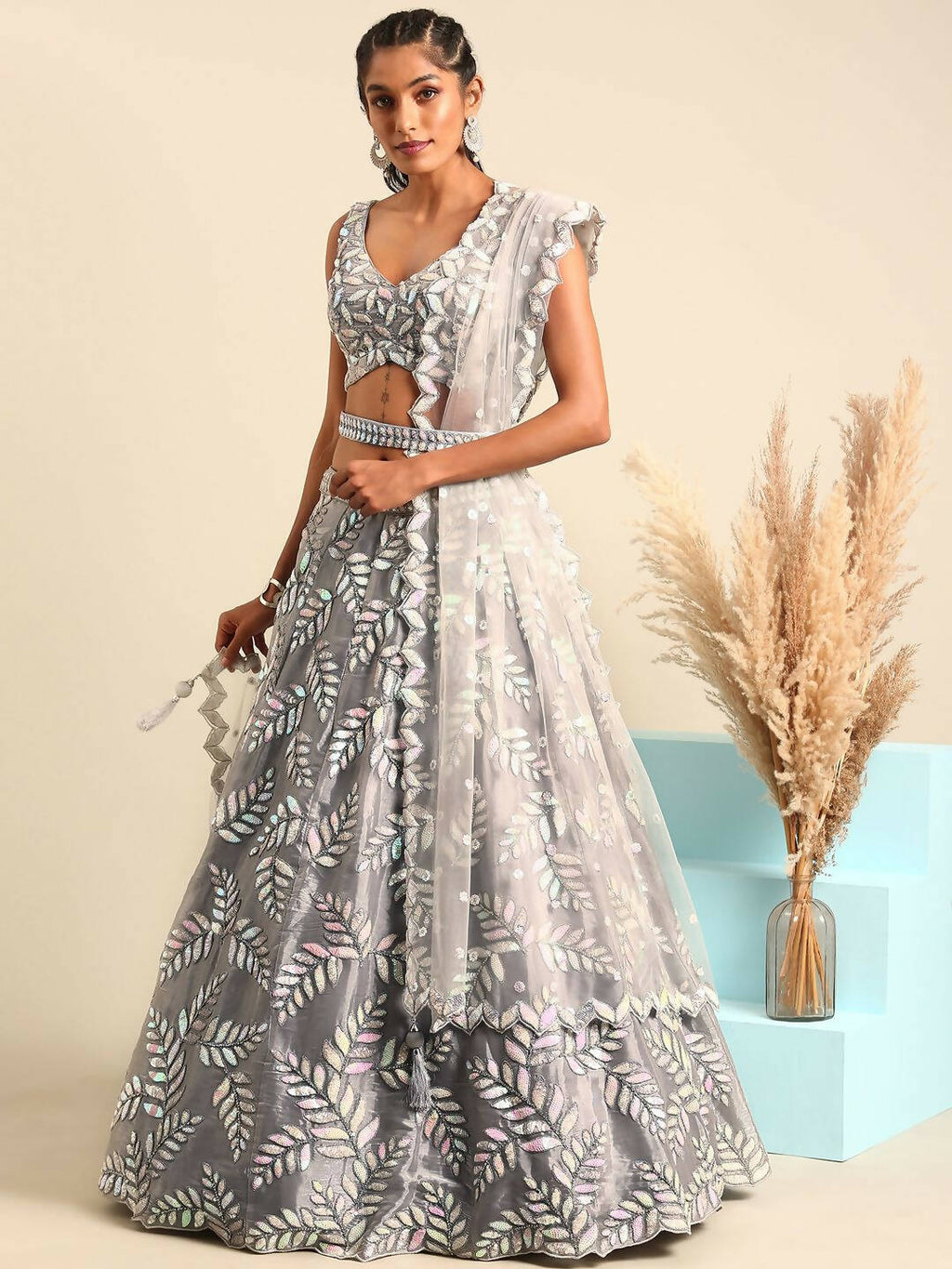 House of Panchhi Grey Organza Sequins & Zarkan embroidery Lehenga choli & Dupatta