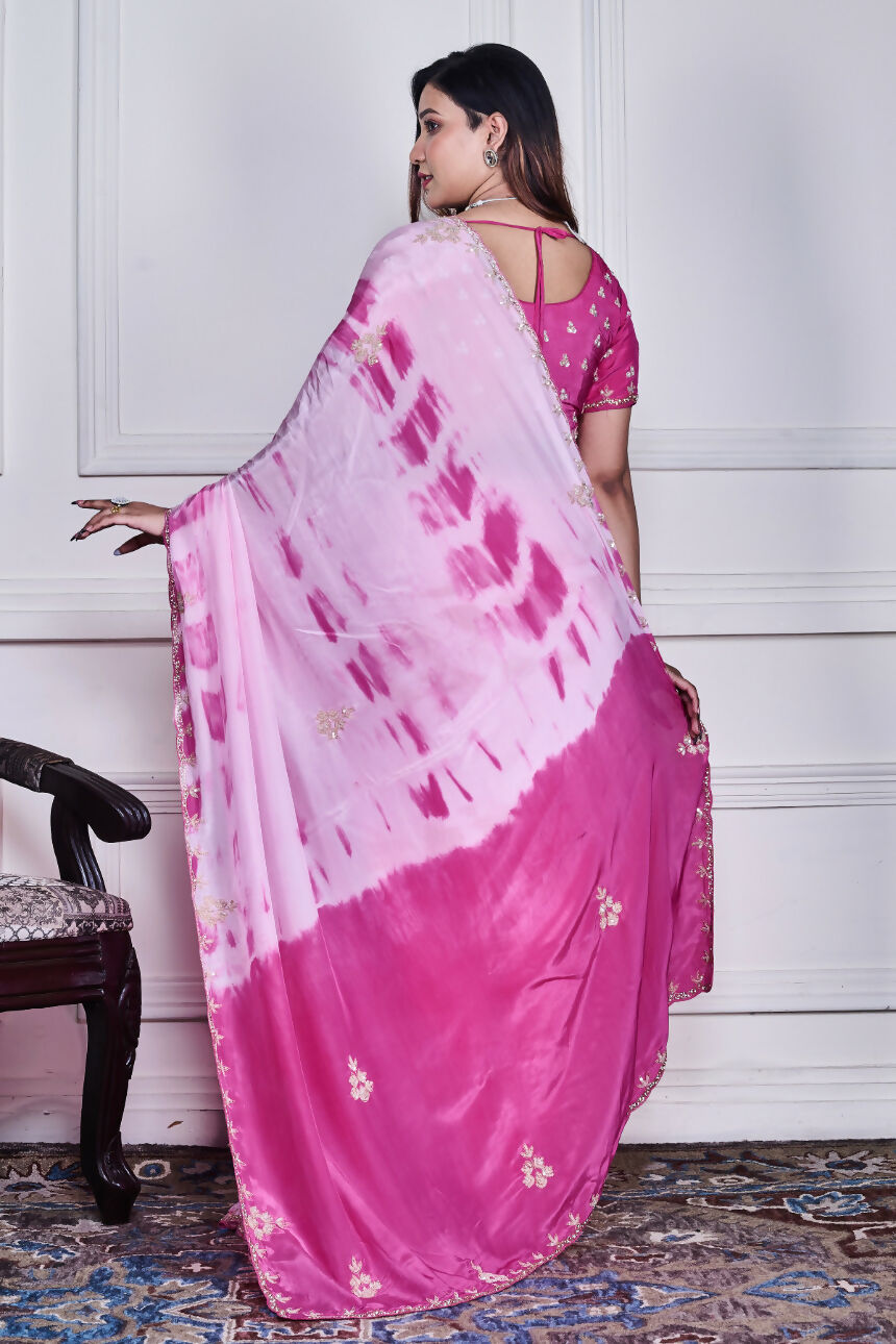Morchari Pink Crepe Hand Embroidery Saree And Stitched Blouse - Distacart