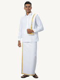 Ramraj Cotton Mens Wedding White Regular Dhoti, Shirt & Towel Set Subhakalyan 1/2"