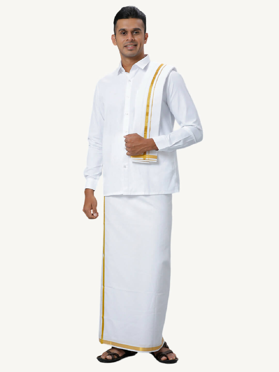 Ramraj Cotton Mens Wedding White Regular Dhoti, Shirt & Towel Set Subhakalyan 1/2"