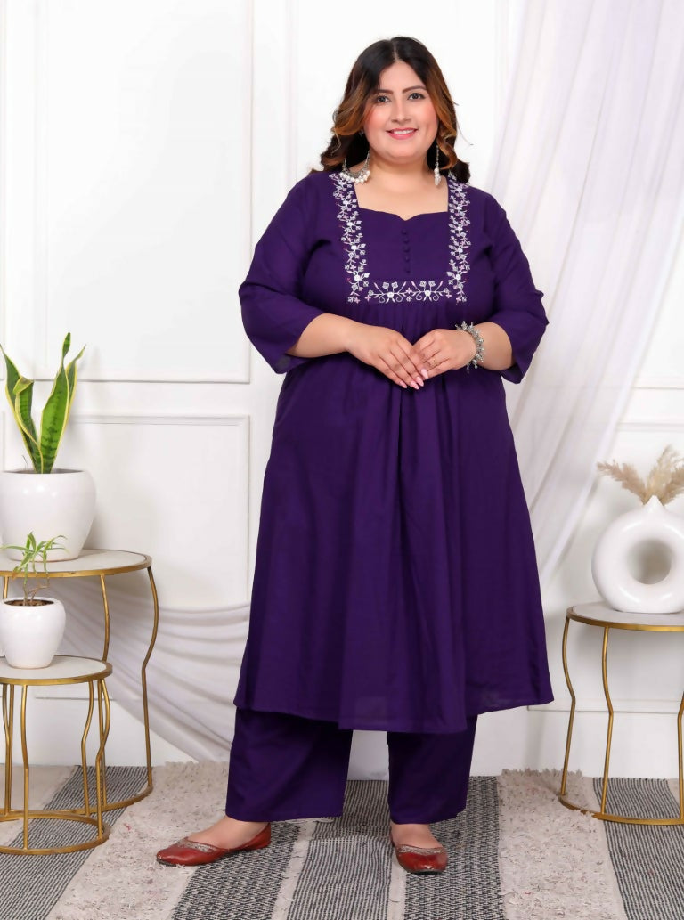 Miravan Women's Plus Size Purple Embroidered Sweetheart Neck & Accordion Pleated Solid A-Line Kurta And Palazzo Set